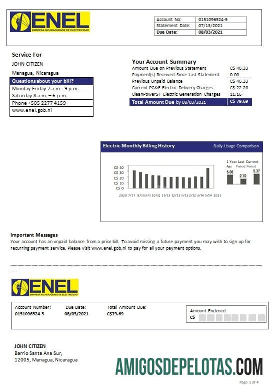Em branco Nicarágua Empresa Nicaraguense de Eletricidade ENEL Modelo de conta de serviços públicos de eletricidade em formato Word e PDF